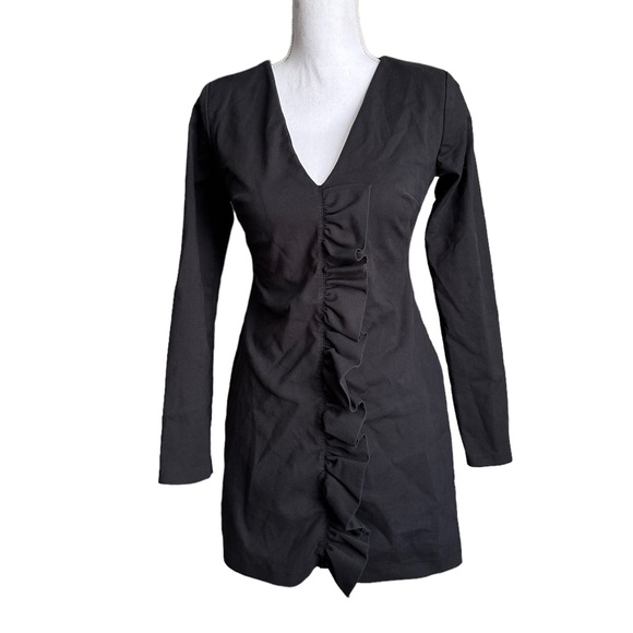 Zara TRF Collection Black Ruffle Front Long Sleeve V-neck Dress Size Medium - Picture 3 of 17